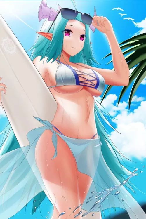LF color source: 1girl, red eyes, blue hair, sunglasses, pointy ears, swim suit