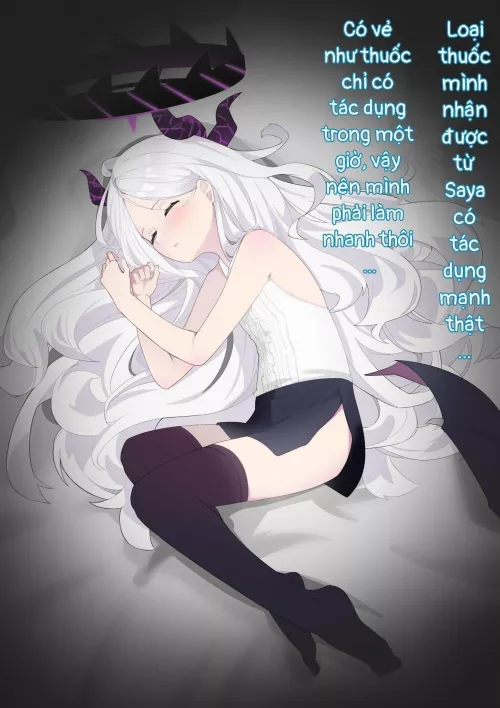 LF Color source: 1girl, white hair, horn, sleeping, long hair, socks, “Loai thuoc minh nhan duoc tu Saya co tac dung manh that…”, “Co ve nhu thuoc chi co tac dung trong mot gio, vay nen minh phai lam nhanh thoi…”