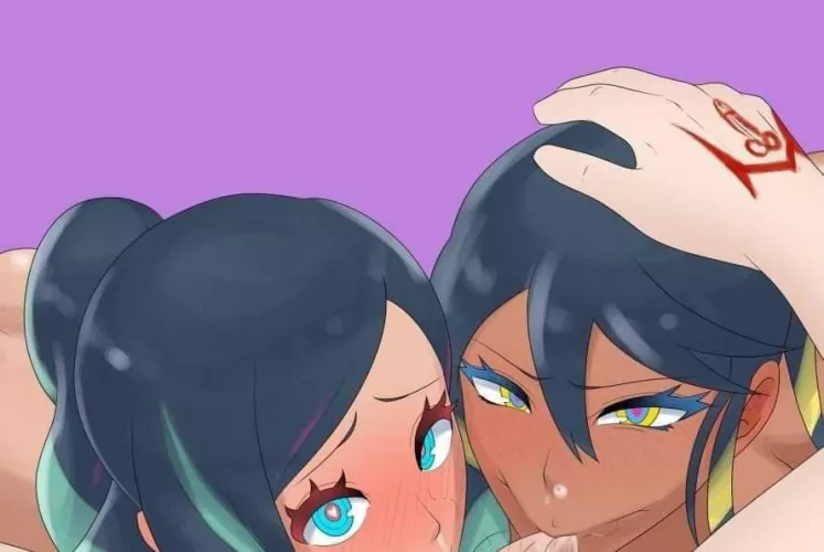 LF color source: 2girls, blue hair, blowjob, blue eyes, yellow eyes, blushing, padding hand, dick tatoo,...