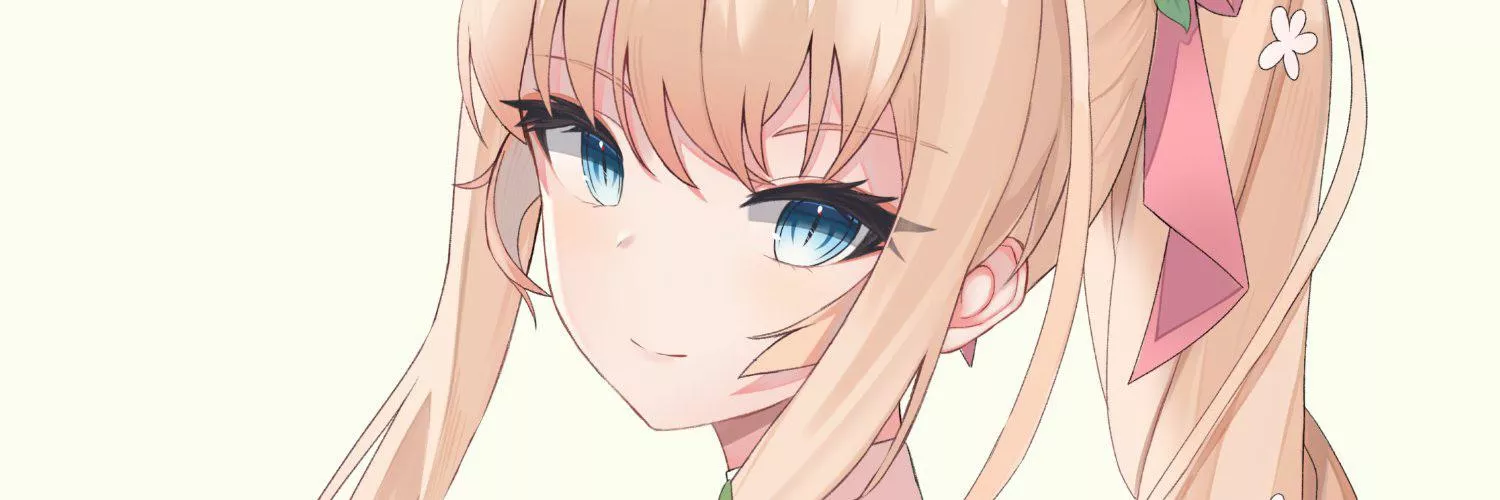 LF Color Source: blonde hair, blue eyes, ponytail, hair ribbon, smile, looking back, eyeliner, eyeshadow