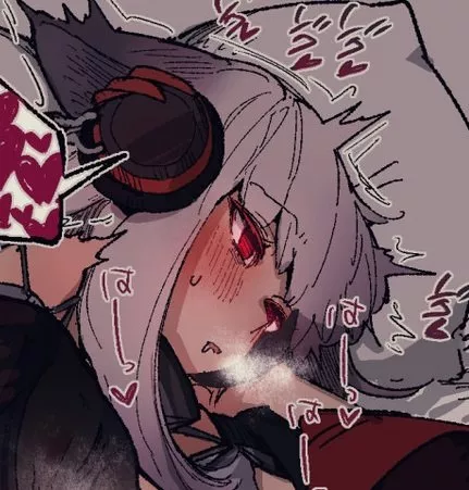 LF COLOR SOURCE: breath, open mouth, heart, blushing, red eyes, implied sex, ear muffs, head ornaments, 1girl, foreign text