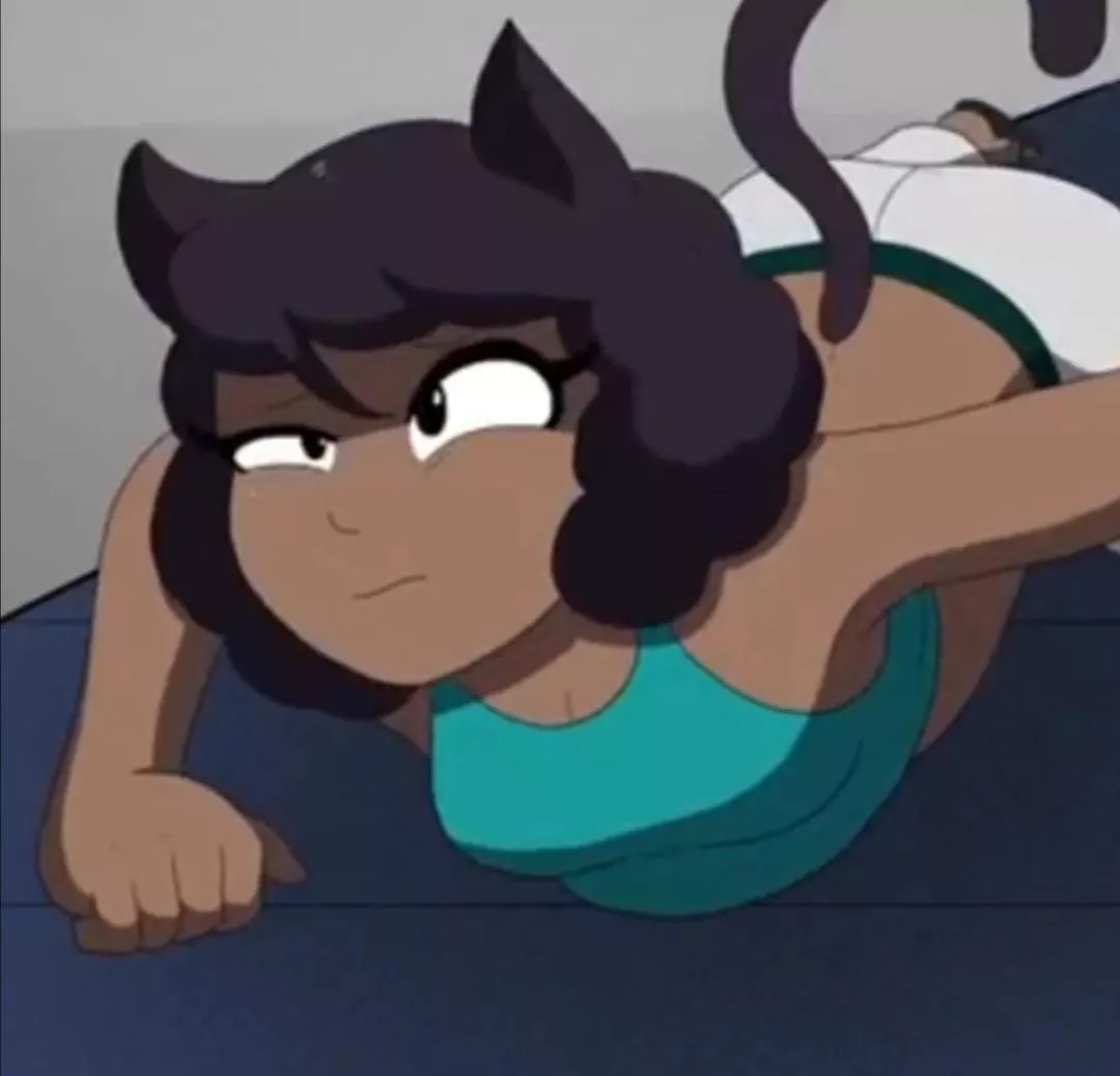 LF color source: Cat girl, brown skin, cat ears, cat tail, looking up, eye half closed, closed hand, push up position..?, belly exposed, crop top shirt