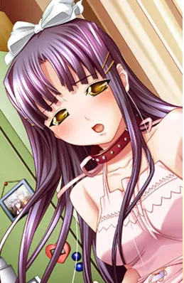LF COLOR SOURCE: collar, yellow eyes, purple hair, ribbon, pink dress, white skin, open mouth, long hair, 1girl