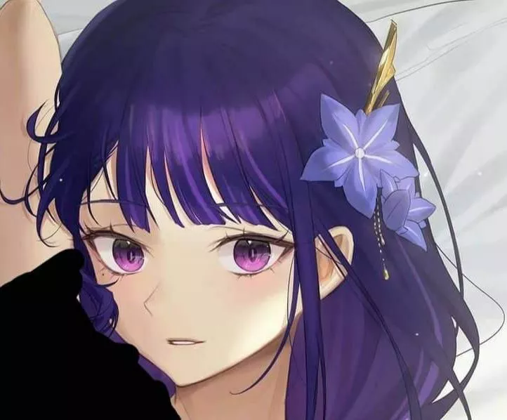 LF Color source: cropped, purple hair, hair ornament, magenta eyes, right arm up