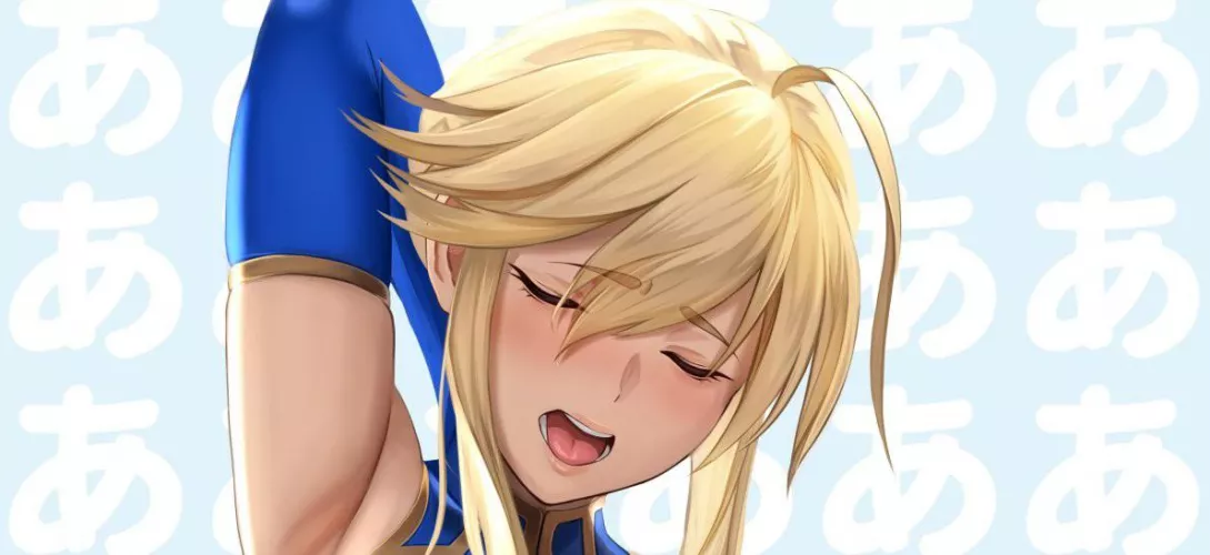 LF Color Source: Fate Series, Saber, Artoria Pendragon, Short Hair, Blonde, Armpits, Blushing, Mouth open, Closed eyes, Long gloves, Arm up, Moaning, Repeating Background text: “あ”