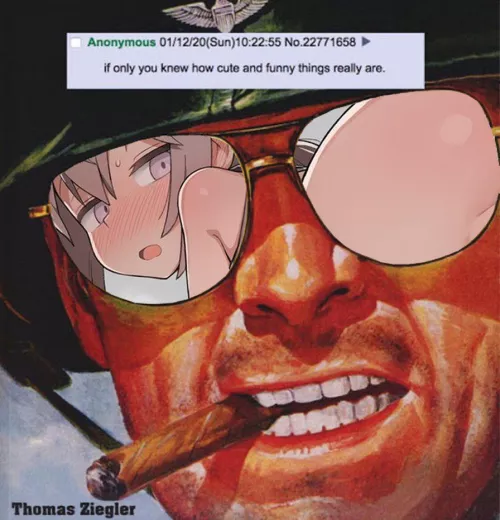 LF Color source: Meme, Bruce Minney, 4chan, “if only you knew how cute and funny things really are”, grey(?) hair, blushing, view from behind, blushing