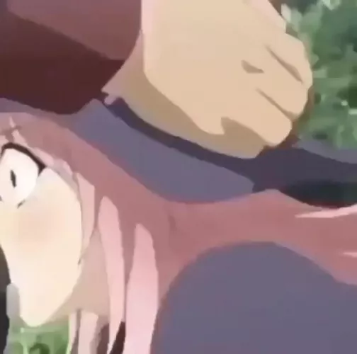 LF Color source: pink hair, hat, purple hat, purple shirt, cropped, large eyes, wide eyes, blush, head grab