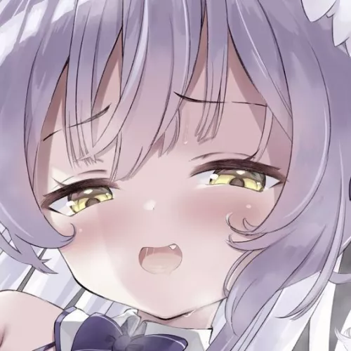 LF Color Source: purple hair, yellow eyes, purple ribbon, naughty face, hair ornament, 1girl, frown, pointed teeth, long hair, crop, half closed eyes, neck ribbon