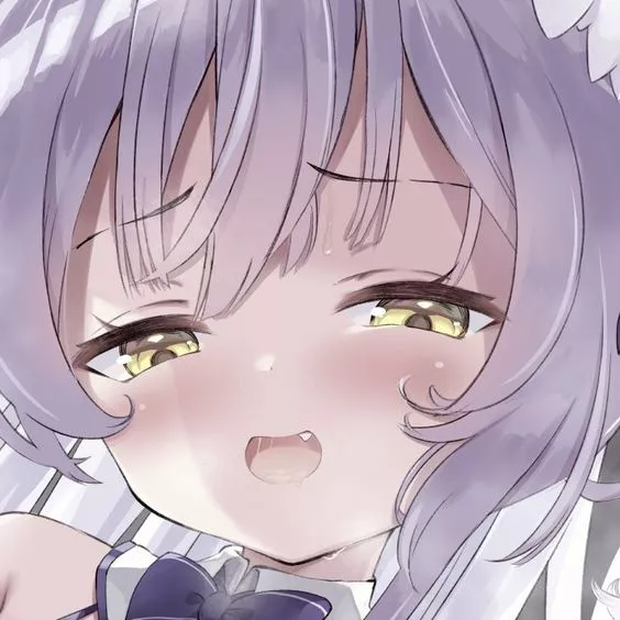 LF Color Source: purple hair, yellow eyes, purple ribbon, naughty face, hair ornament, 1girl, frown, pointed teeth, long hair, crop, half closed eyes, neck ribbon