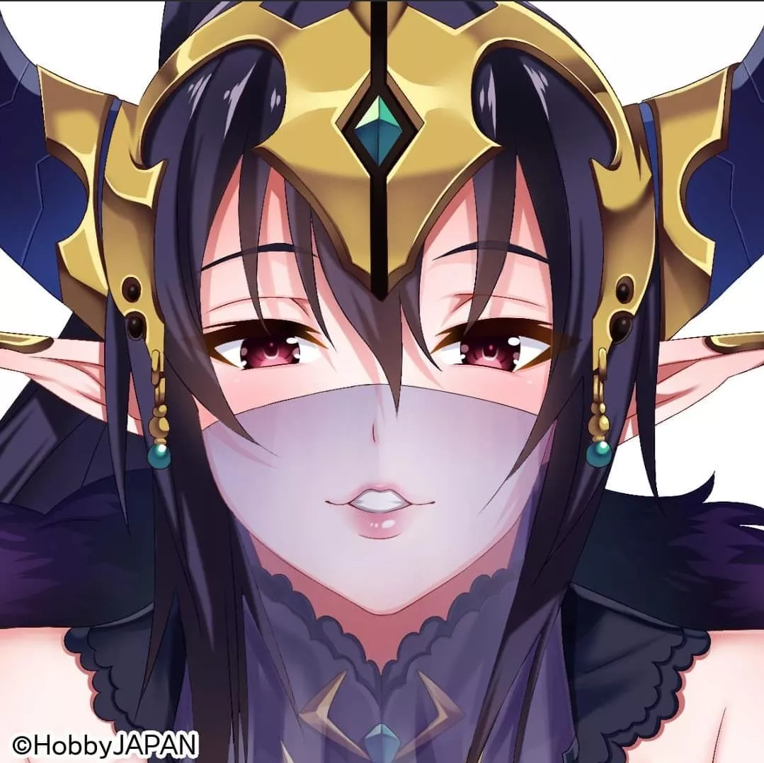 LF Color Source: Queen's Blade, elf ears, see through mask, gold head piece, red eyes, dark hair, purple/black clothing, ©️HobbyJAPAN
