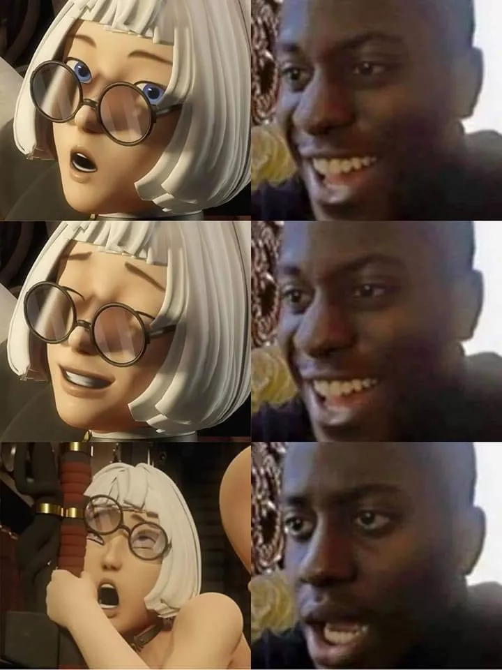 LF Color Source: White hair, Glasses, Blue Eyes, 3D, SFM, smile, cross eyed