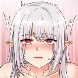 LF Color Source: white hair, long hair, pointed ears, unusual pupils, red eyes, blushing, white skin, naked, twitching, crying, tears