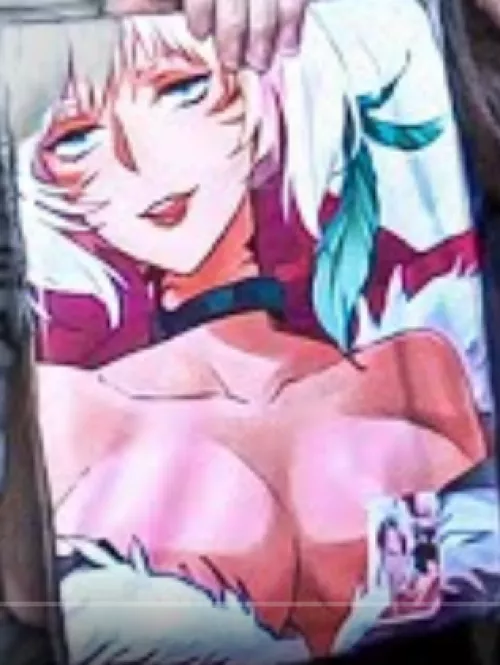 LF Color Source: White Hair, tongue, licking lips, looking at viewer, cleavage, collar, feather, large breasts, blue eyes, clothing, short hair, exposed shoulders