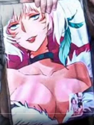 LF Color Source: White Hair, tongue, licking lips, looking at viewer, cleavage, collar, feather, large breasts, blue eyes, clothing, short hair, exposed shoulders