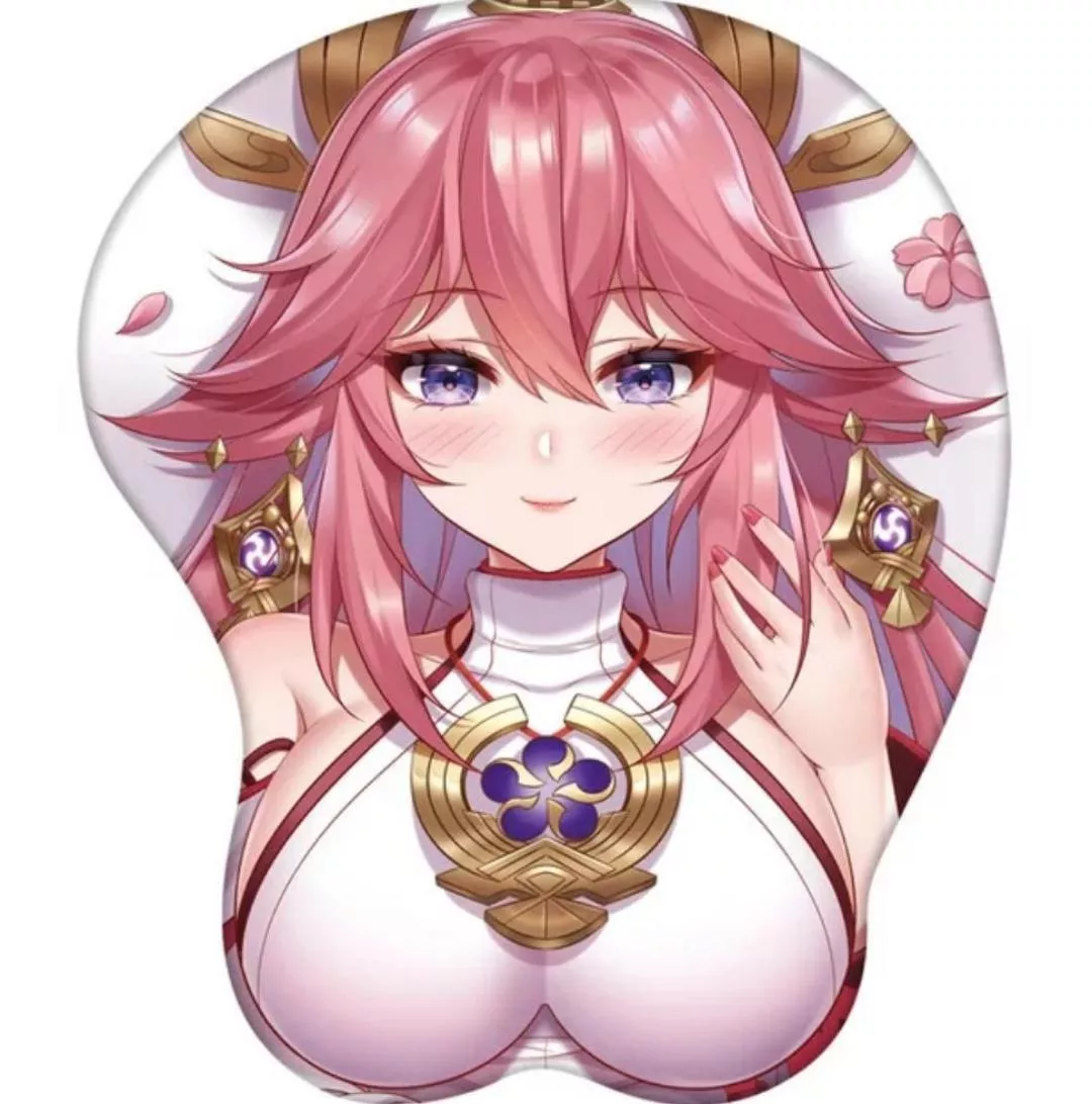 LF Color Source: yae miko, genshin impact, lying, hand on hair, breasts, looking at viewer