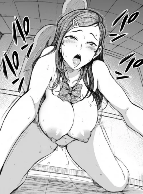 LF Mono Source: 1boy, 1girl, ahegao, blush, bowtie, doggystyle/doggy style, faceless male, foreign text, hairclip, hairpin, hanging breasts, large breast, long hair, nude, on the floor, pubes/pubic hair, puffy nipples, pussy juice, sex from behind, sfx,