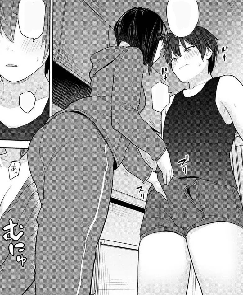 LF Mono Source: 1girl, 1boy, blushing, black hair, bob cut, touching dick, tracksuit, ass angle