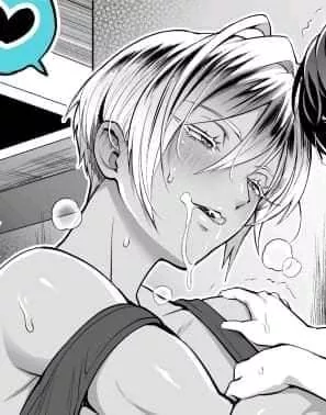 LF Mono Source: 1girl, 1boy, dark skin, white hair, black hair, heart in dialogue bubble, cum on mouth, panting