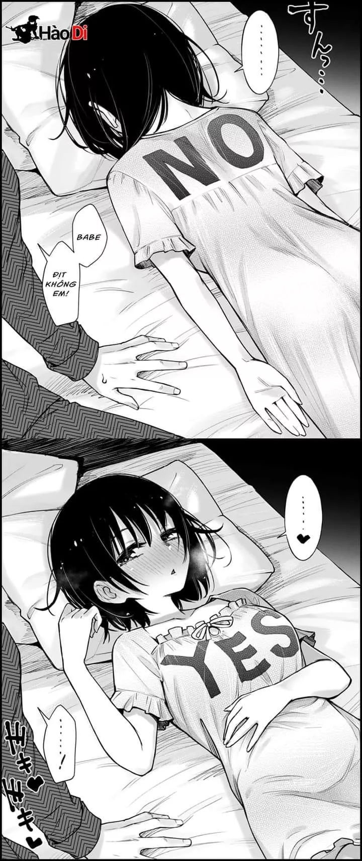 Lf mono source: 1girl, 1boy, short hair, blushing, procumbent, lay up, bed, “babe dit khong em!”, “yes”, “no”