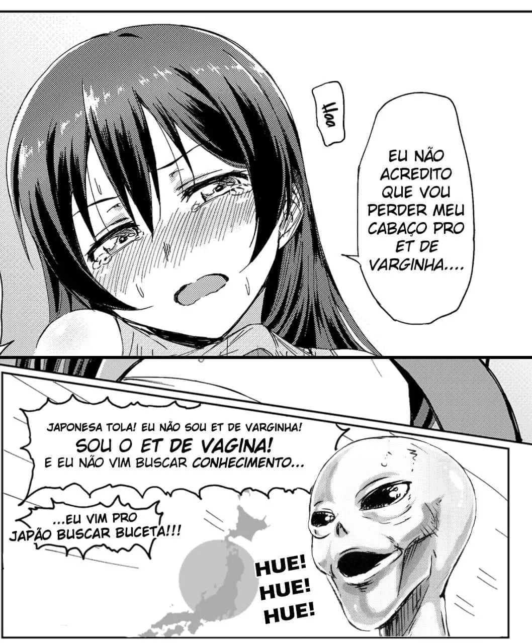 LF Mono Source: 1girl, alien, blushing, crying, tears, black hair, bangs, japan map, 