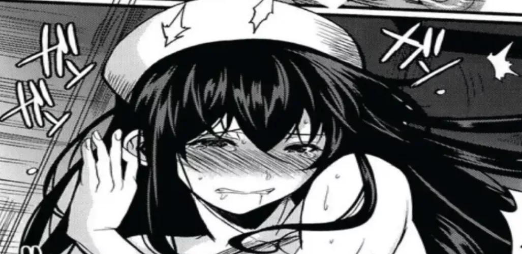 LF mono source: 1girl, dark hair, nurse, blush, tears, leaning on wall, long hair, sfx, hair between eyes, sweating.