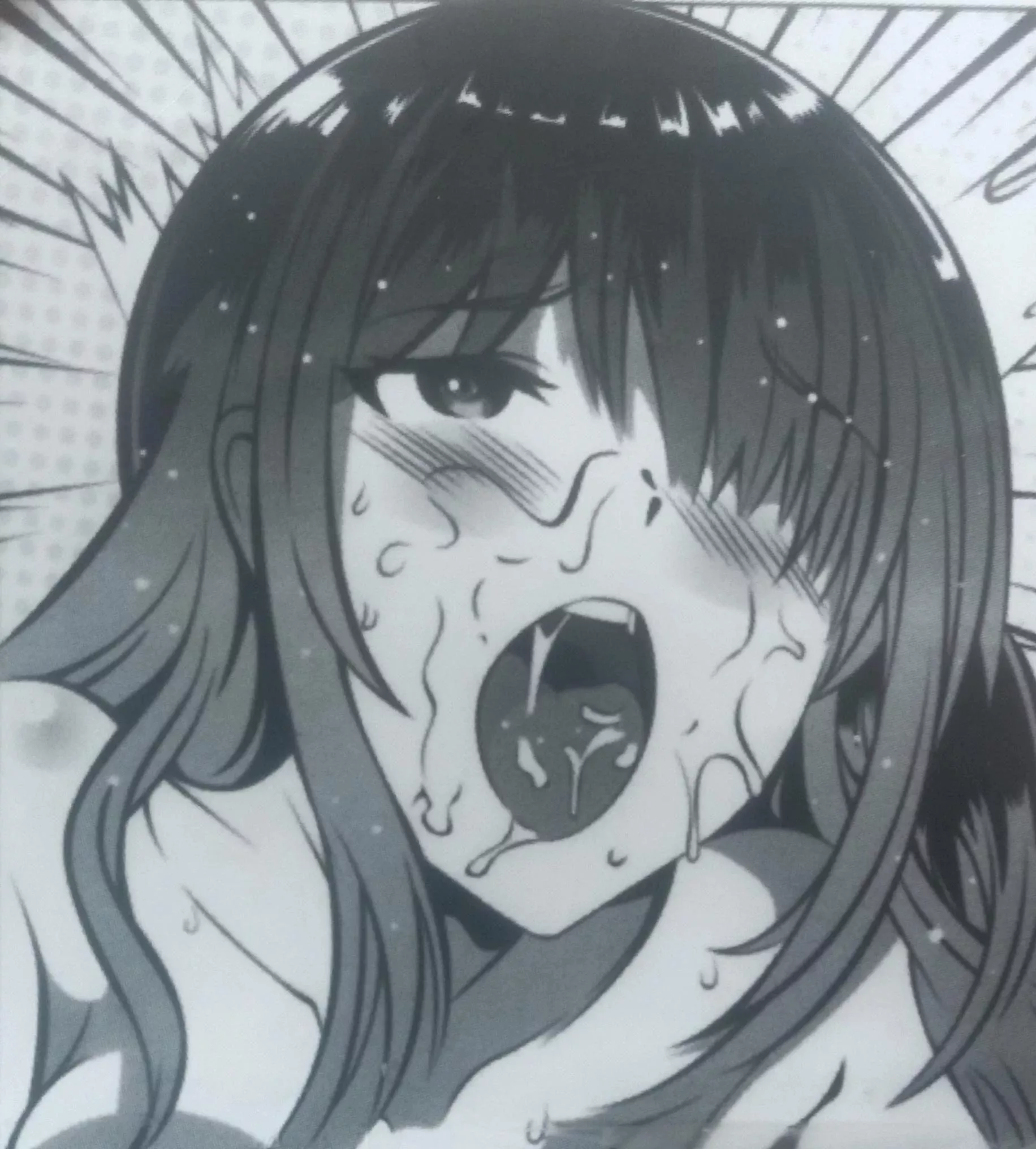 LF Mono Source: 1girl, face focused, black hair, long hair, hair between eyes, blushing, sweating, eyes open, mouth open, saliva, drooling, hair over one eye