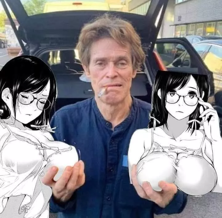 LF Mono Source; 1girl, large breasts, glasses, black hair, twintails, lingerie, blushed, breast grab, meme, Willem Dafoe