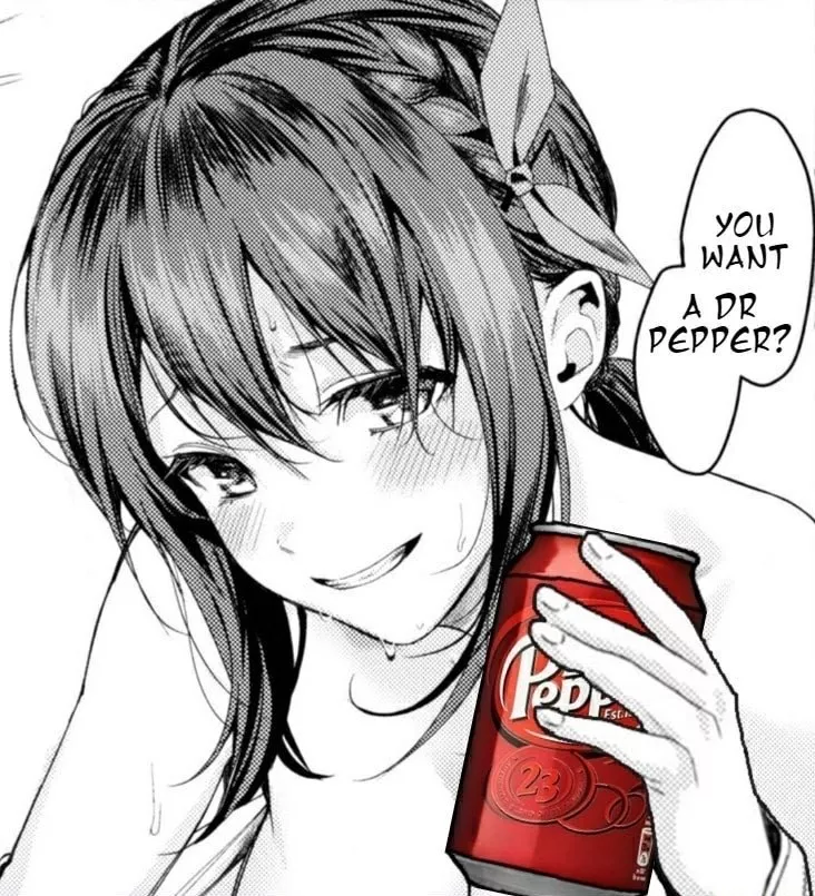 LF Mono Source: 1girl, meme, “you want a dr pepper?”, bangs, blushing, hair ribbon, sweat