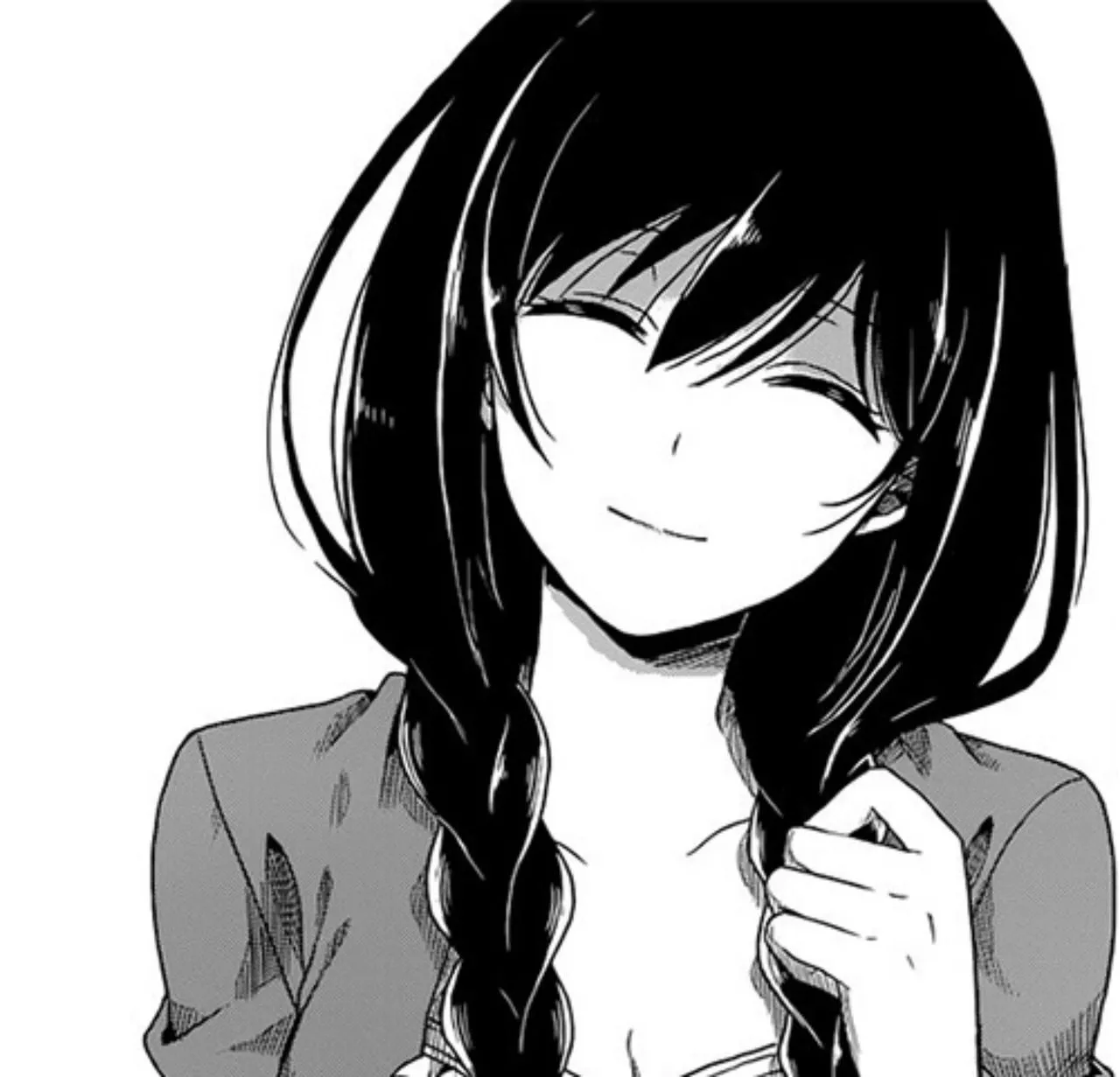 LF Mono Source: 1girl, smile, closed eyes, black hair, cleavage, hair between eyes