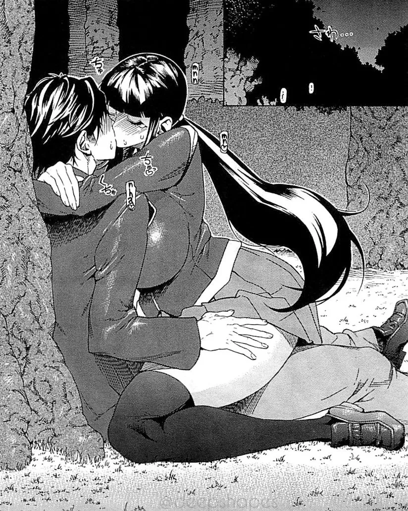 LF Mono Source: 1girl,1boy,school uniform, kissing, thighhighs, large breasts, black hair, thick thighs