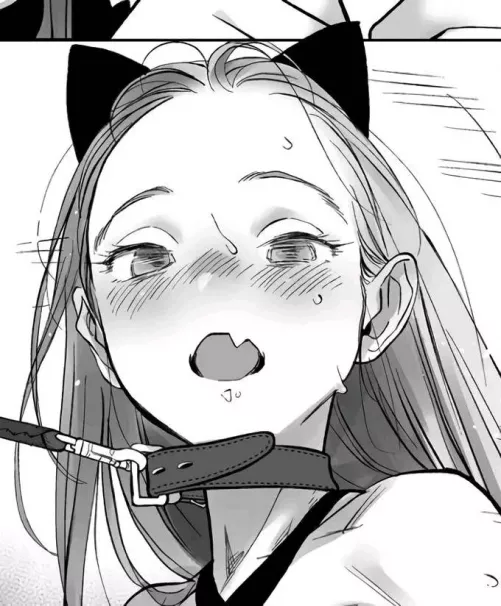 LF Mono Source: cat ears, blushing, fang, open mouth, light hair, collar, leash