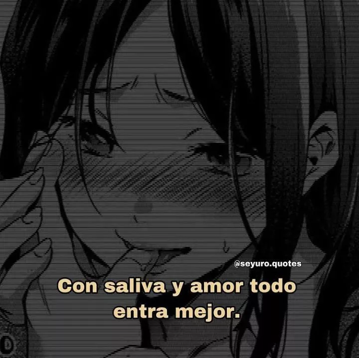 LF Mono Source: Meme, Foreign Text, Spanish Text, “Con saliva y amor todo entra mejor.” , Black hair, Blushing, Long hair, Hair on face, Biting, Biting finger, Sweat,