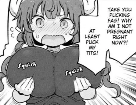 LF mono source: “take that you fucking fag! Why am I not pregnant right now?! At least fuck my tits!”, 1girl, squish squish, giant tits, horns, flustered