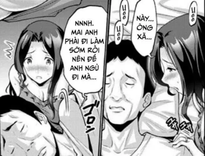 LF mono source: wife, husband, bed clothes, sleeping, blushing, “nay ong xa”, “nnnh. Mai anh phai di lam som roi nen de anh ngu di ma…”, “haa”….