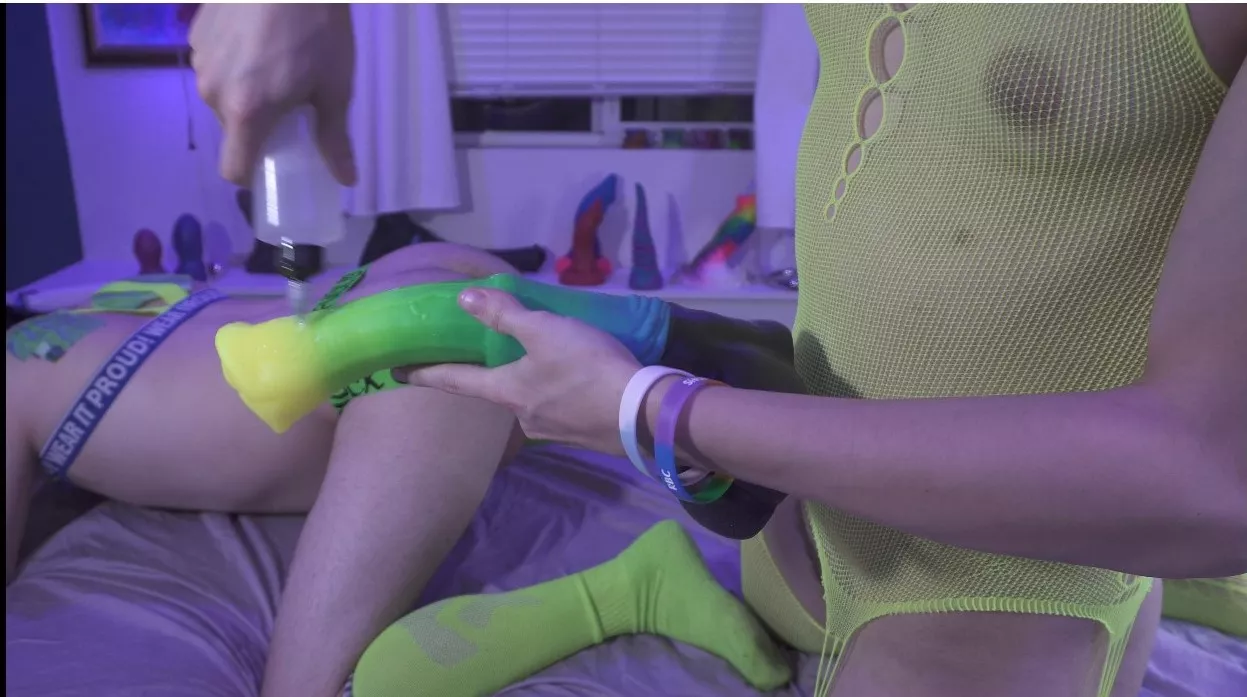 Lubing up this big boy to slide into my boyfriend ;)