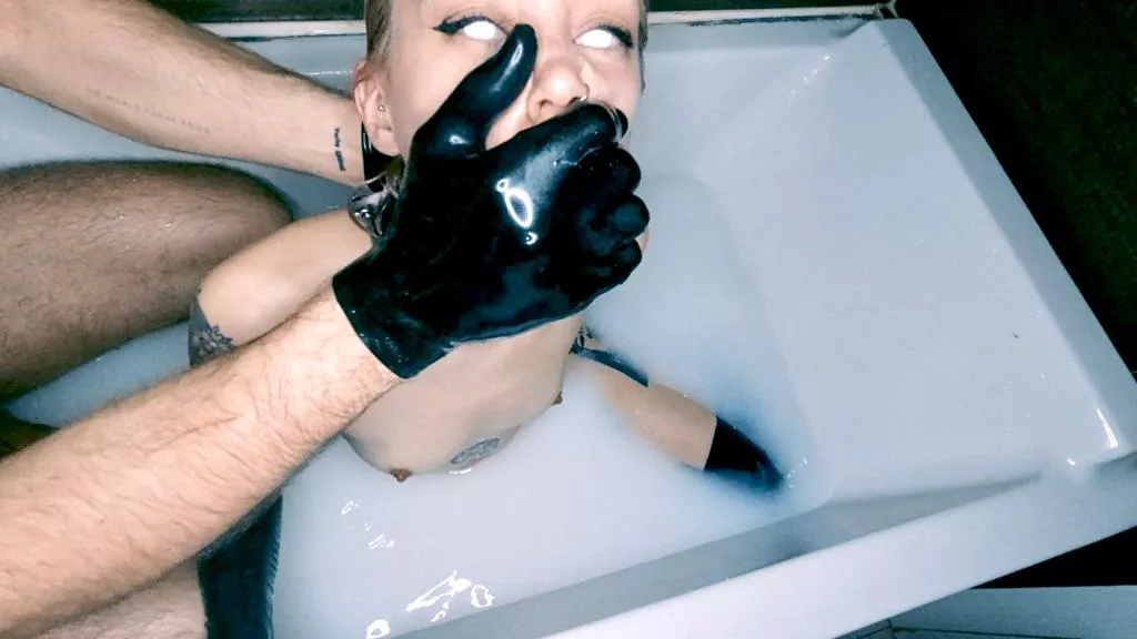 Manhandled by Sir in latex milk bath, wearing blinding lenses [F][M]