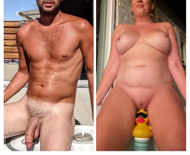 me and my girl side by side in the hot tub. who do you like more?