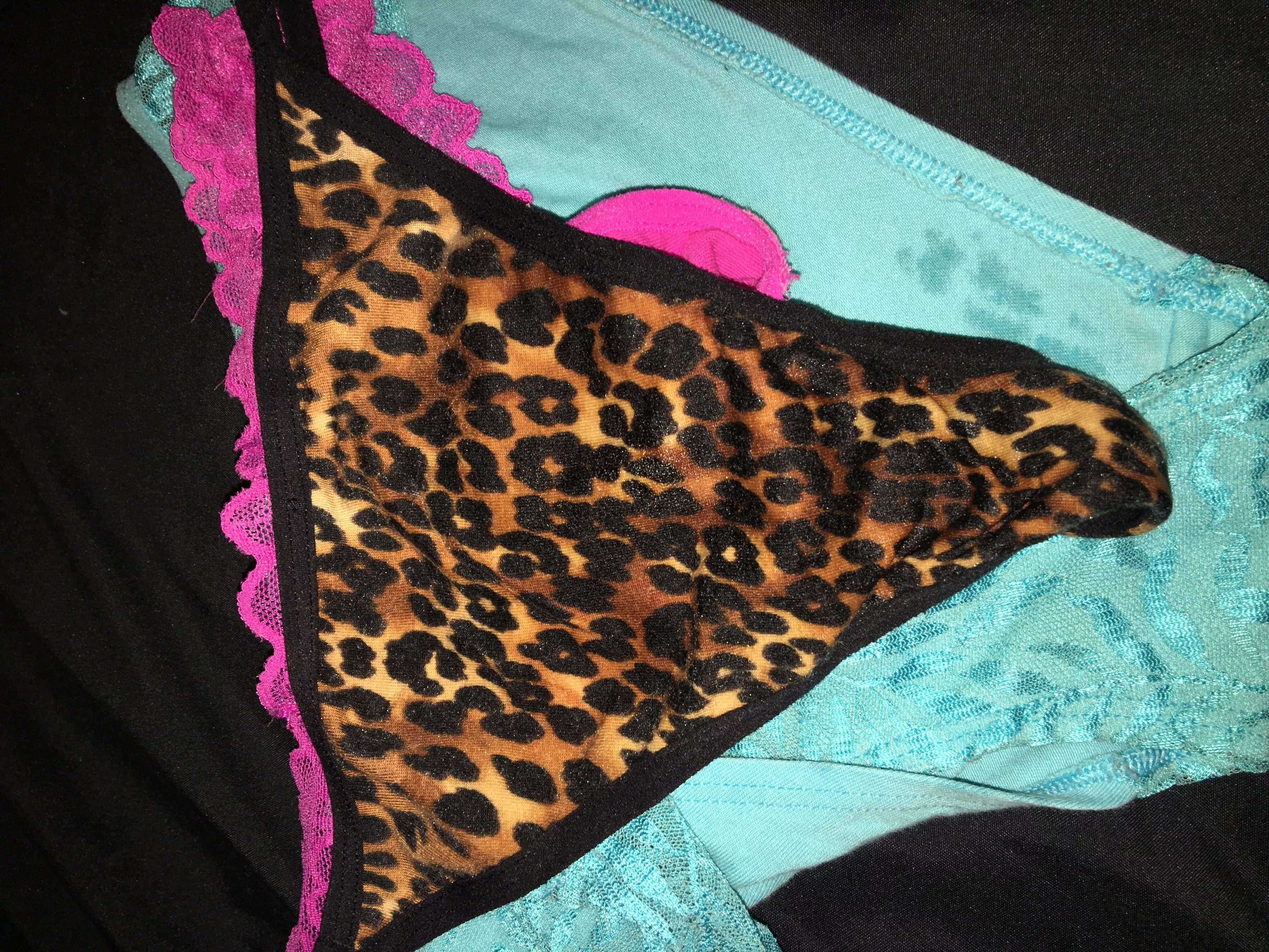 My cousins Leopard printed thongs are my favorite to stroke to and cum on.. their just soaked from me edging for past hour😈