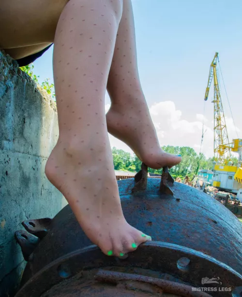 My cute green toenails in nylon knee socks outdoor