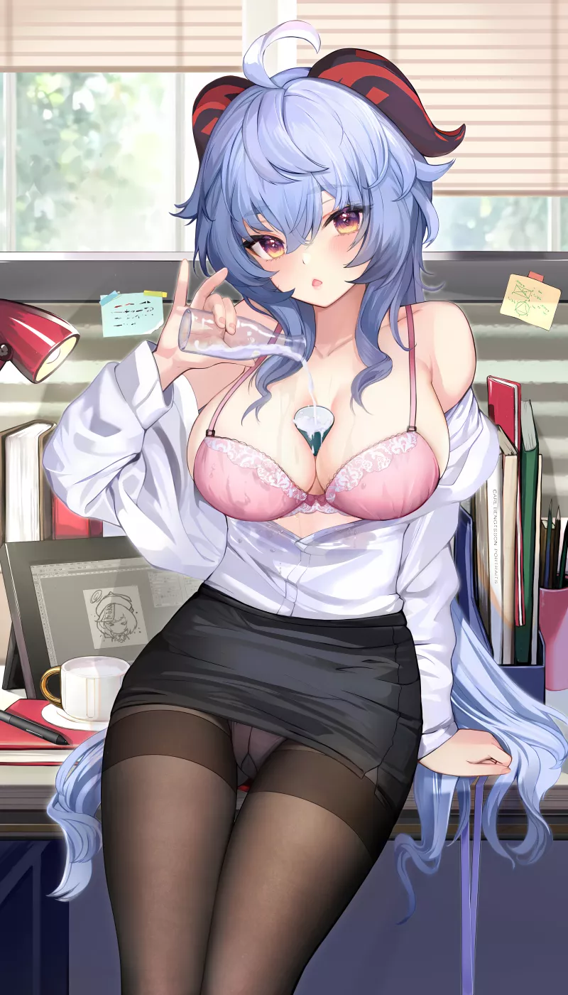 Office Lady Ganyu spilling milk from cup (AimeeSN7) [Genshin Impact]
