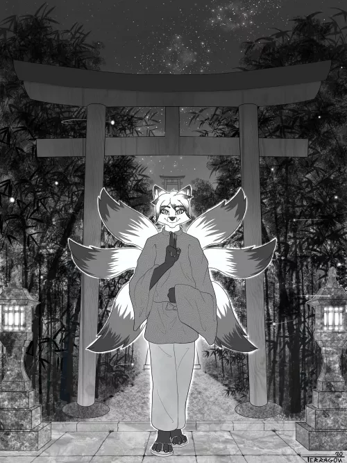 Old commission, a kitsune in front of a torii gate (Art by me)