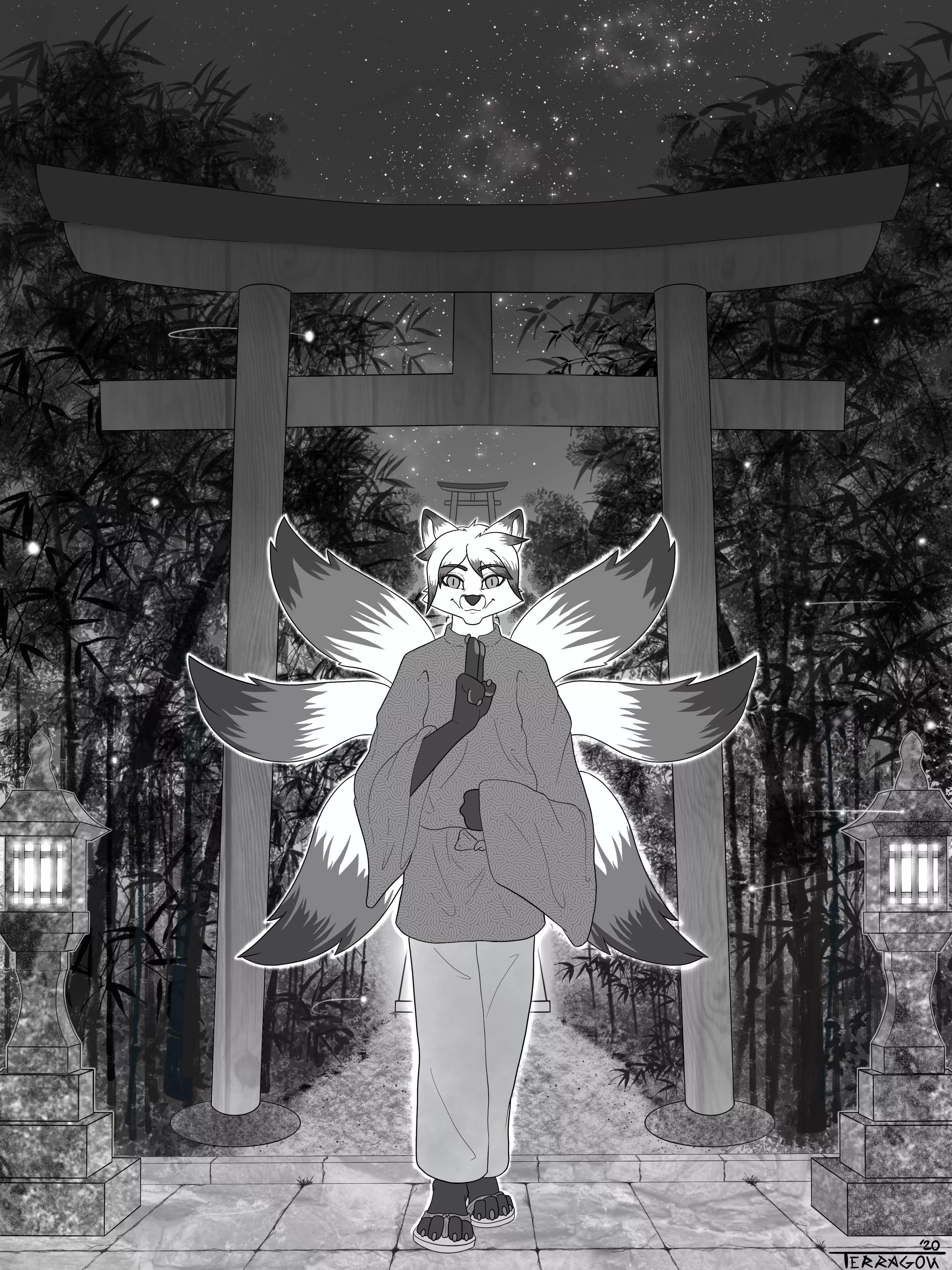 Old commission, a kitsune in front of a torii gate (Art by me)