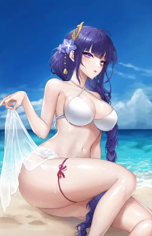 Raiden Shogun in white bikini leaning to the side (HirettOwo) [Genshin Impact]