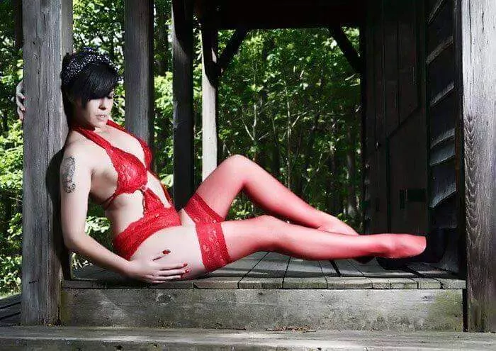 Red lingerie in the woods