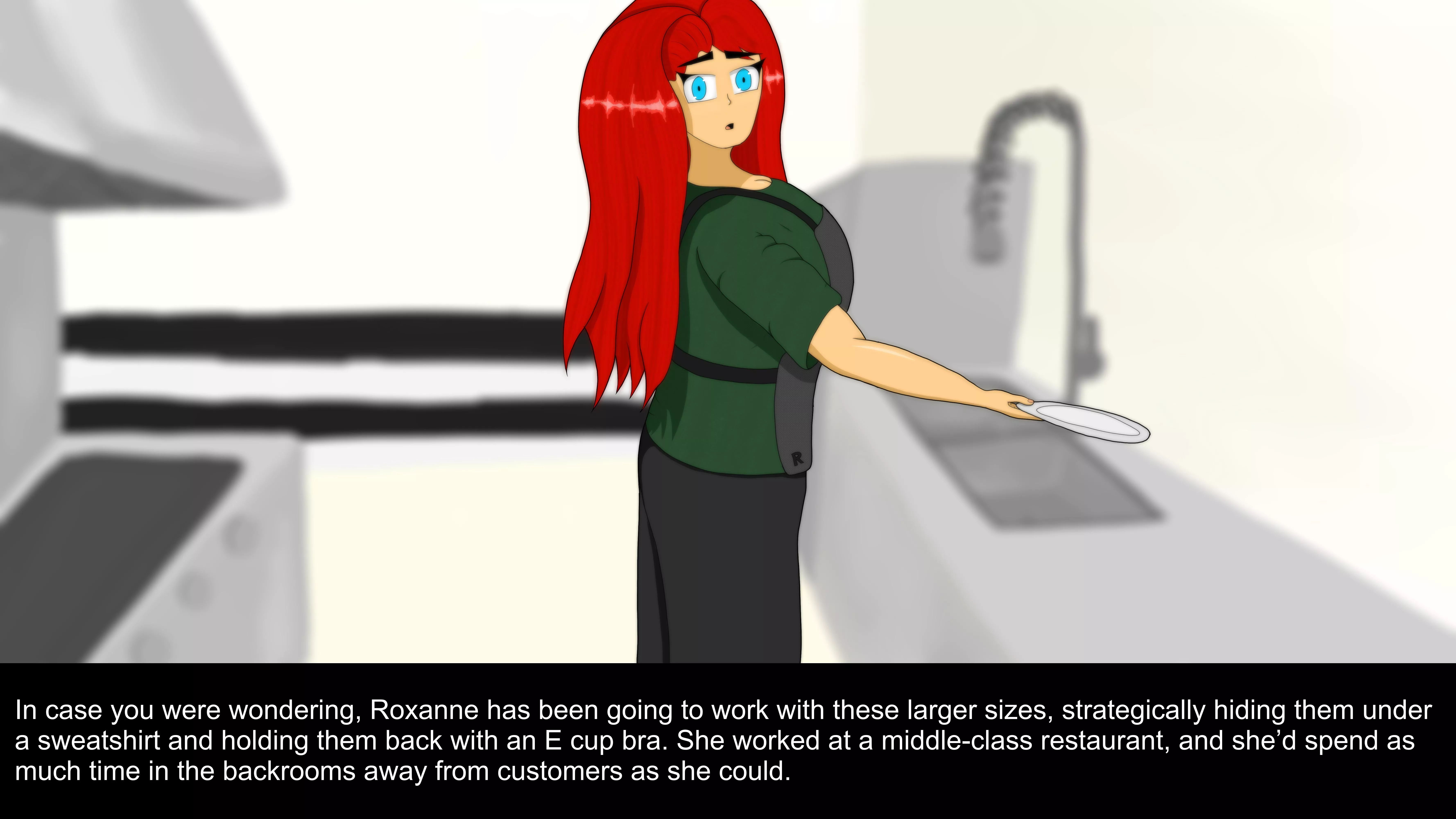 Roxanne, hiding her expanded bust at work. (Caption3: Roxanne’s Milk Tanks)