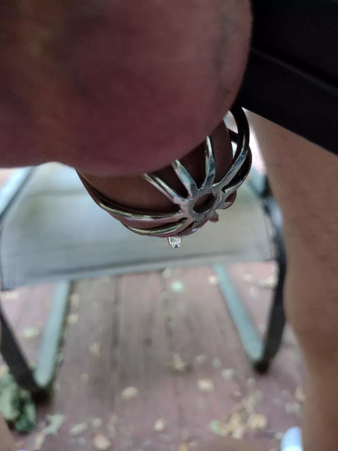 She said I had to post this photo of my cock crying the other day on our back porch while she was enjoying a smoke and the remote control vibrator she shoved up my ass. 🫣🤢