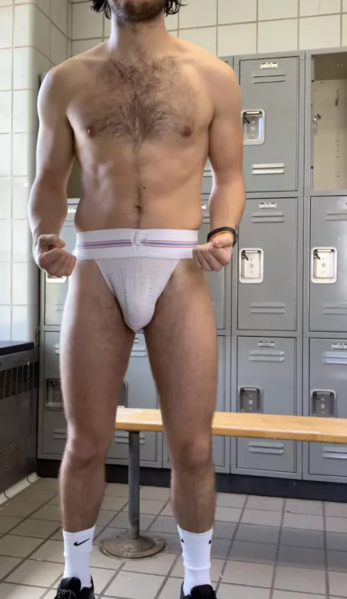 Showing off my jock in the locker room