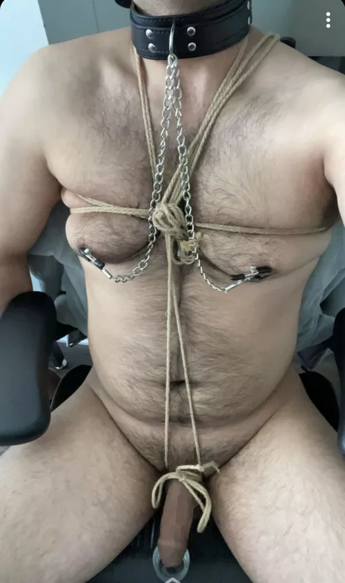 Sir has me all tied up and put a cup down to collect my pre cum
