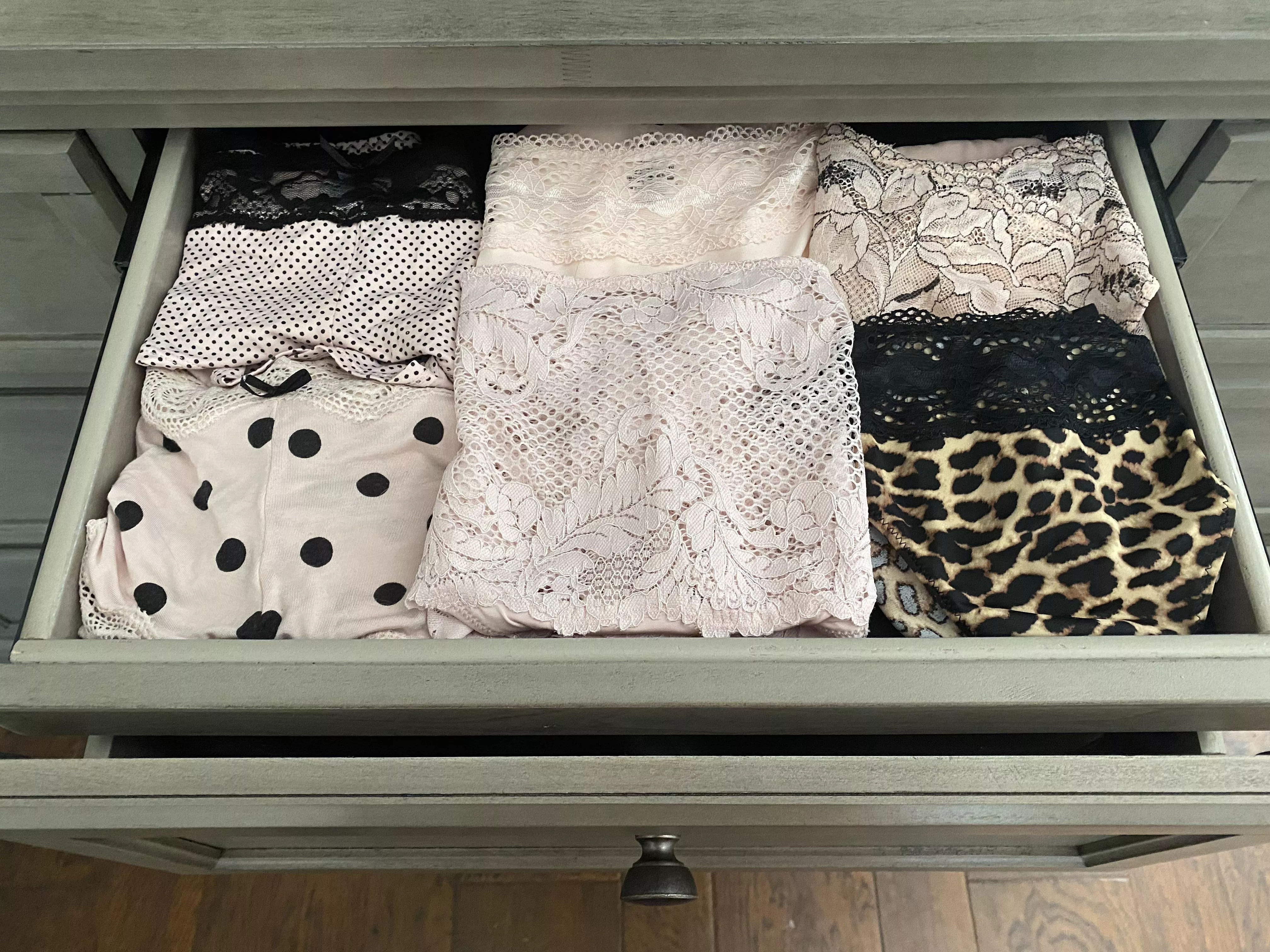 So my wife and I bought new bedroom furniture and the salesman was nice enough to show me a shallow hidden drawer inside of a drawer. She doesn’t know about it. It’s inside of her lingerie drawer and it’s where I store my panties that she doesn’t