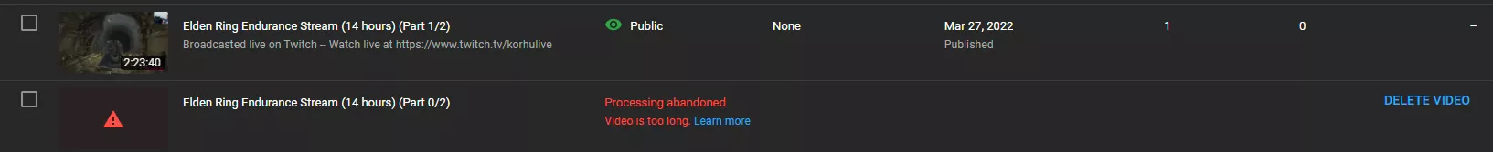 So this happened when I tired to upload my VOD to YT. for OBVIOUS reasons I dont want to split it into 15 minute videos. Is there anyway on twitch to just make it 2 seperate videos (as it seemed to try and do) or do I just have to download the wholeeeeee
